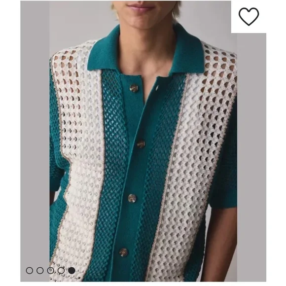 Urban Outfitters Unisex Teal & Cream Crochet Cardigan Size Medium Retro Style - Picture 3 of 14